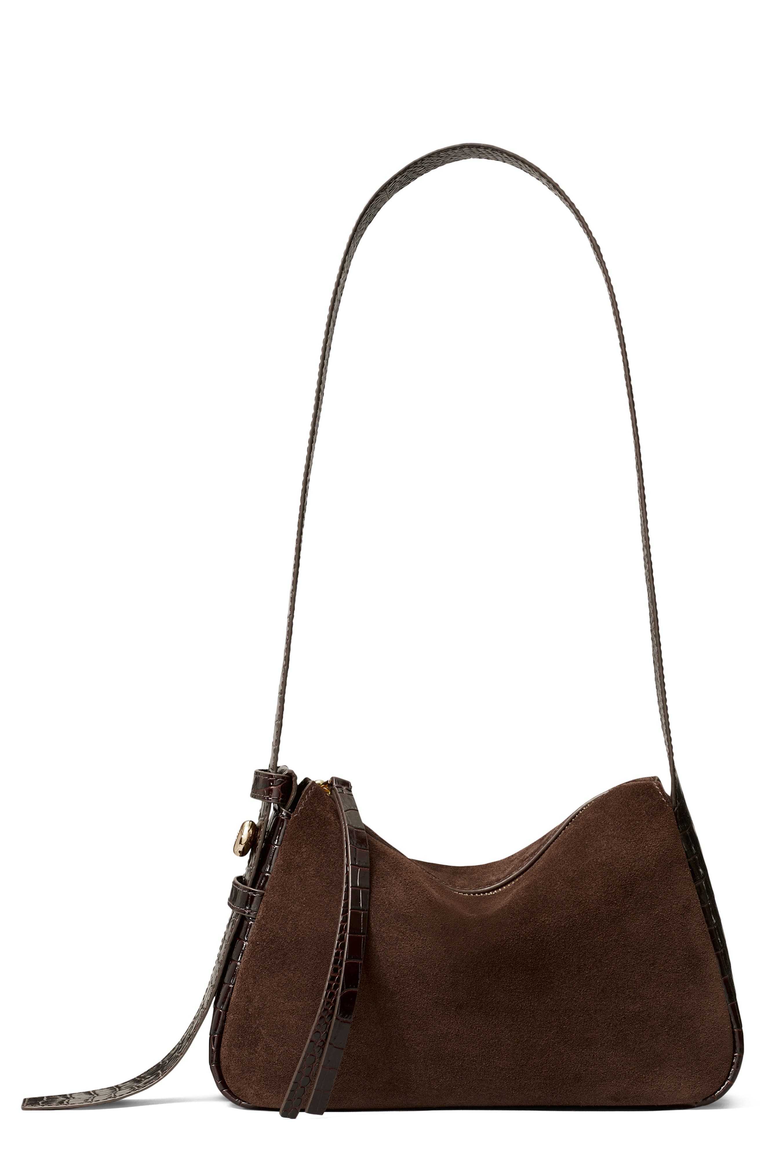 Small Romy Suede Shoulder Bag, Main, color, DARK COCOA