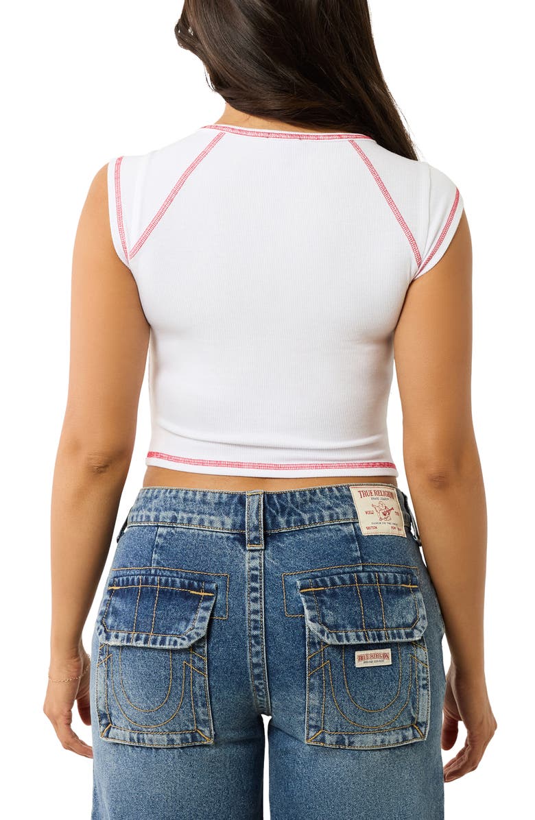 True Religion Contrast Stitch Crop Graphic T-Shirt, Alternate, color, Optic White