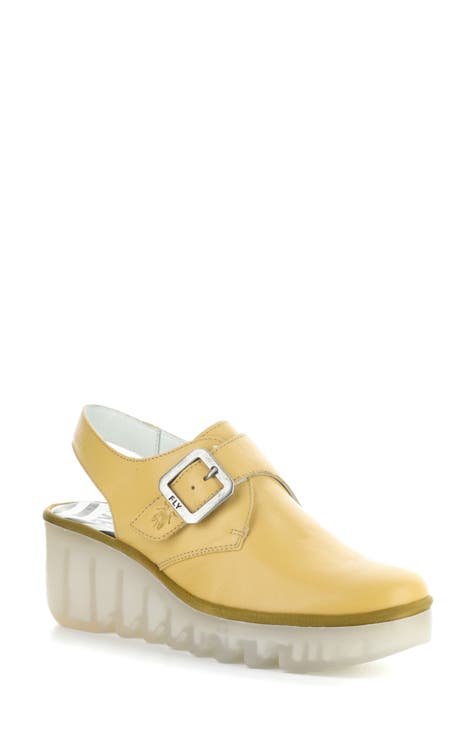 FLY London Ylfa lemon yellow leather cut out wedge sandals, store size 40 (9-9.5)