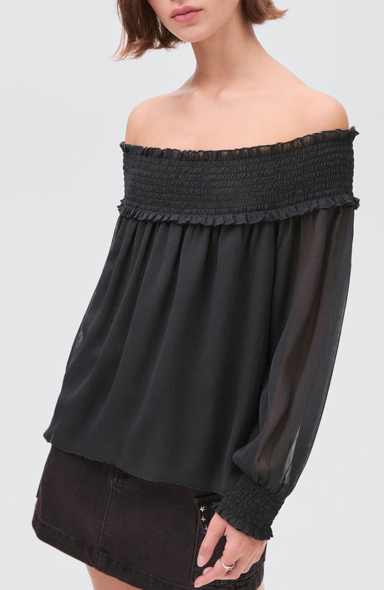 MANGO TEEN Smocked Strapless Long Sleeve Top, Main, color, Charcoal