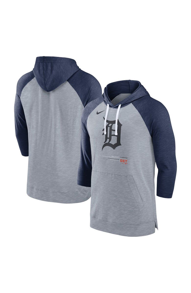 Nike Men's Nike Heather Gray/Heather Navy Detroit Tigers Baseball Raglan 3/4-Sleeve Pullover Hoodie, Main, color, 