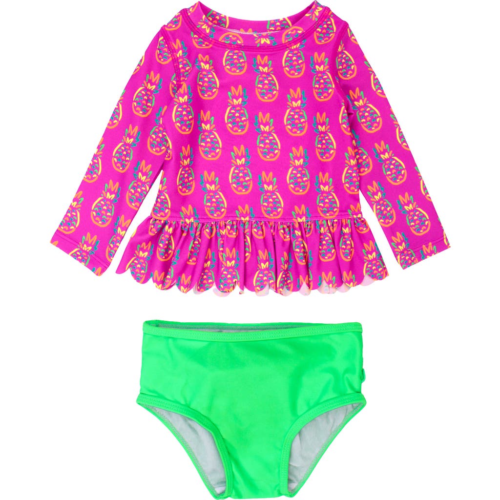 Rufflebutts Girls Upf50+ Sun Protected Scallop Hem Long Sleeve Rash Guard Bikini In Neon Violet Pineapples