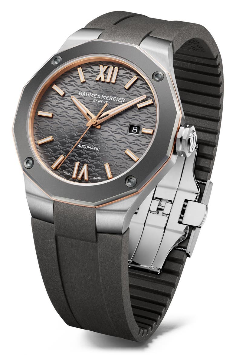 Riviera 10660 Automatic Rubber Strap Watch, 42mm, Alternate, color, GREY