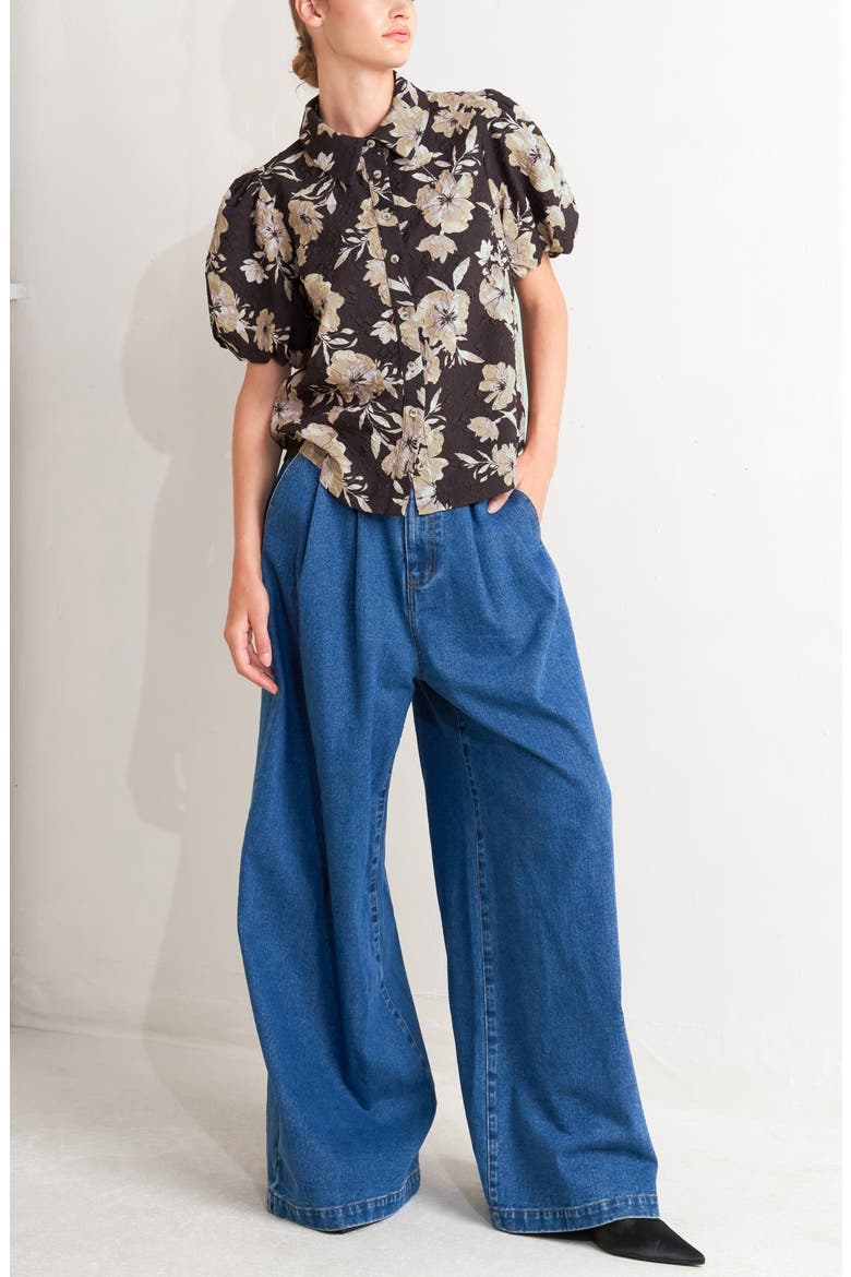 Textured Floral Puff Sleeve Shirt, Alternate, color, DARK BROWN