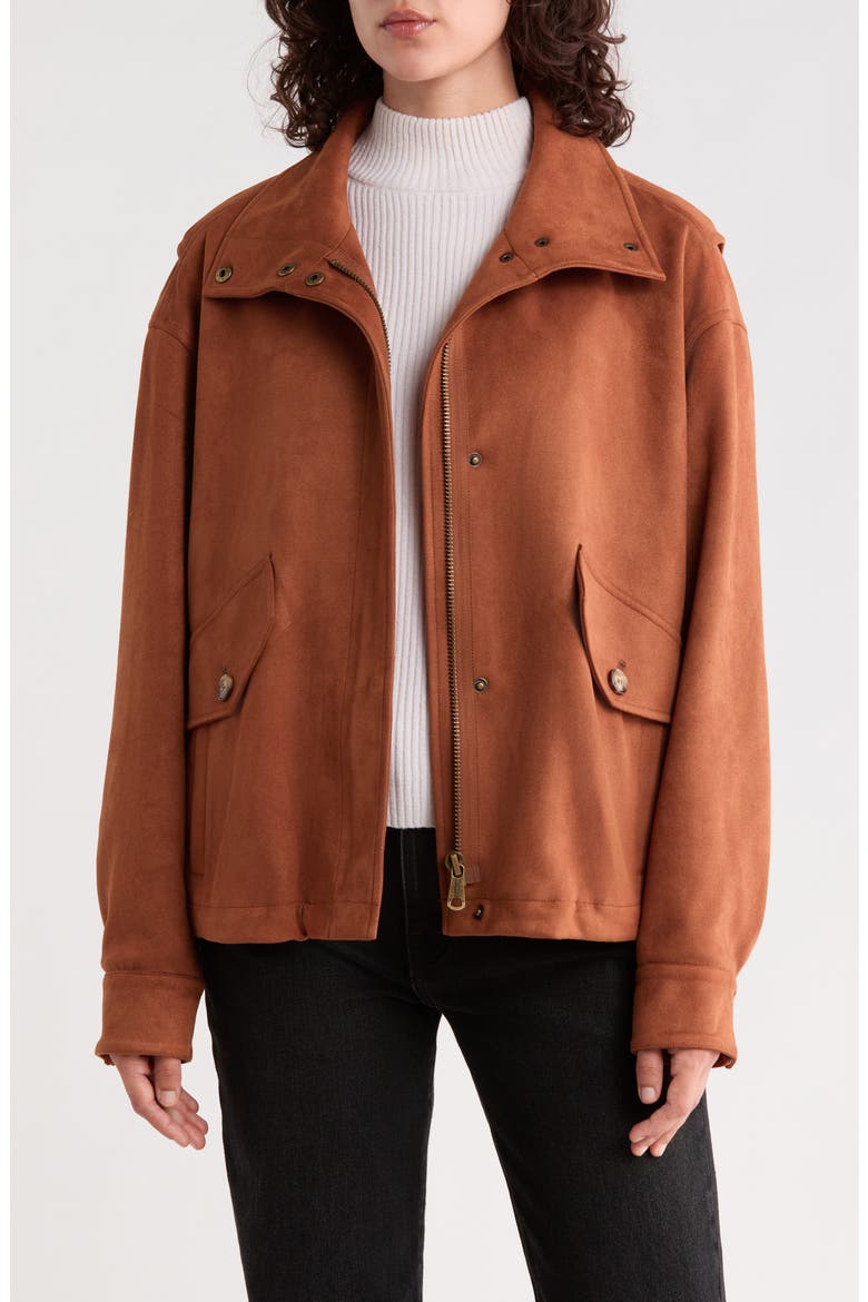 Faux Suede Bomber Jacket, Alternate, color, COGNAC