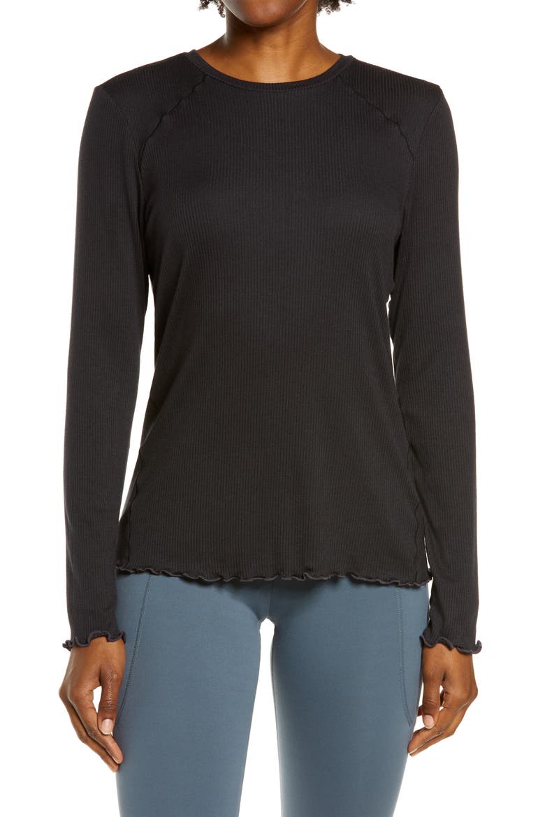 Lettuce Edge Long Sleeve Rib T-Shirt, Main, color, BLACK