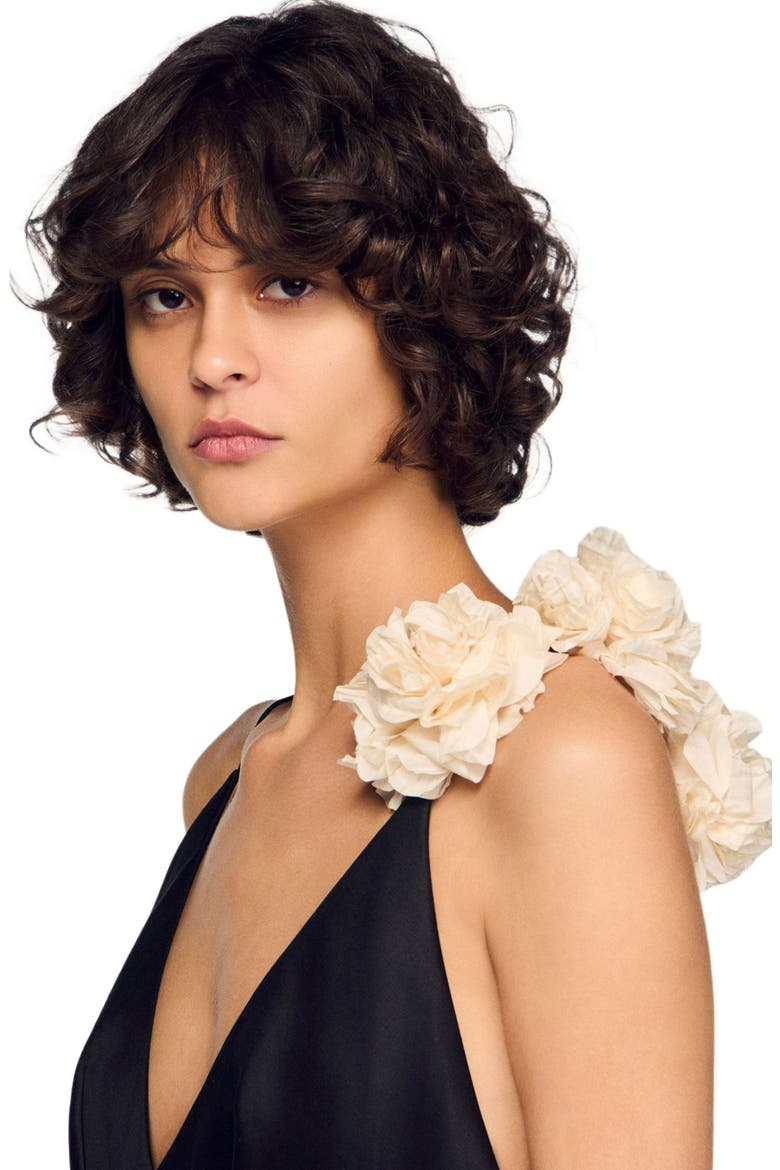 Flower detail asymmetrical ruffled dress, Alternate, color, Black