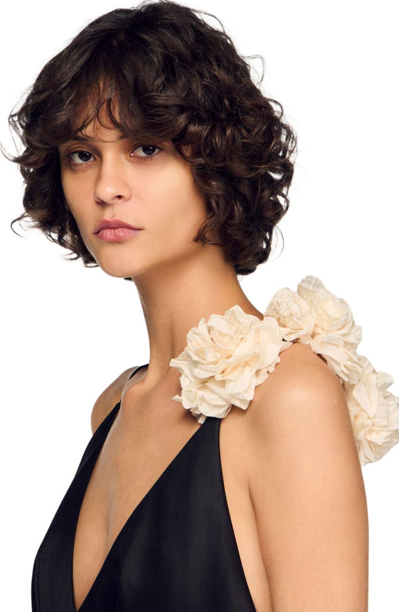 SANDRO Asymmetrical ruffled dress, Alternate, color, Black