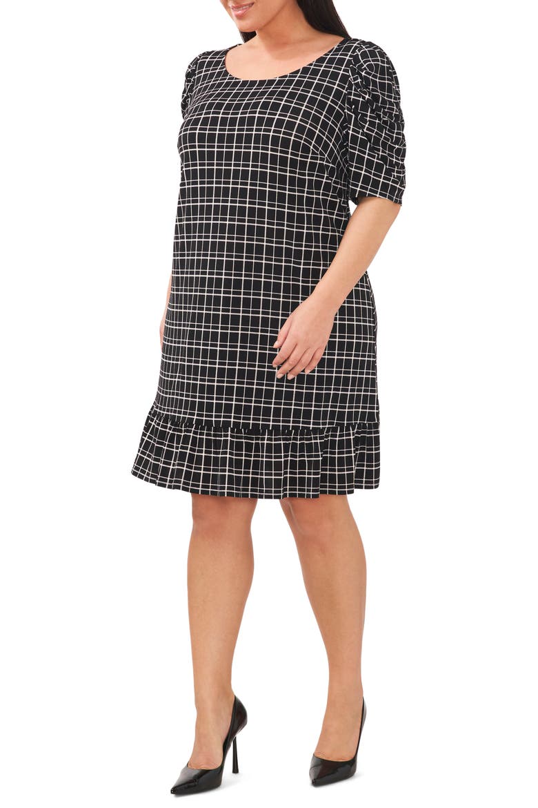 Puff Sleeve Check Ruffle Dress, Main, color, RICH BLACK