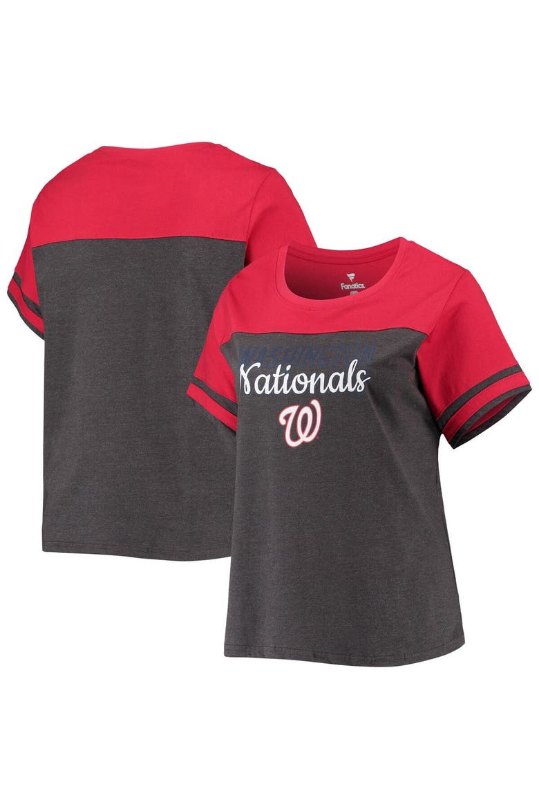 Women's Heathered Charcoal/Red Washington Nationals Plus Size Colorblock T-Shirt, Main, color, Heather Charcoal