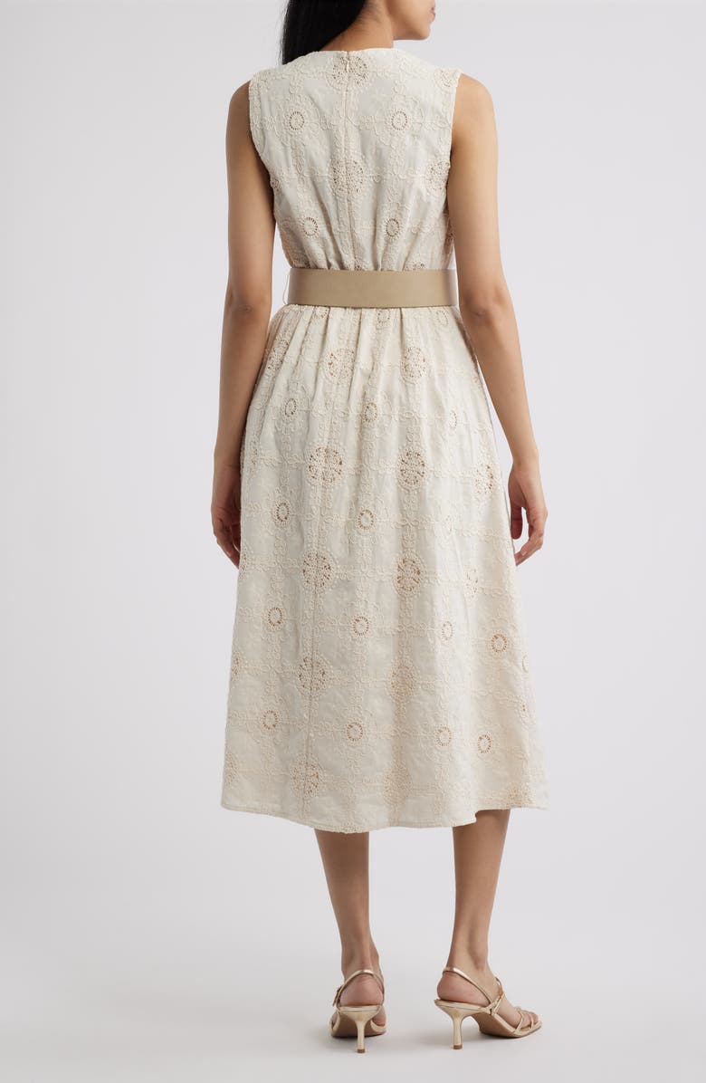 Anne Klein Embroidered Belted Sleeveless Midi Dress, Alternate, color, White Dove/ Ivory