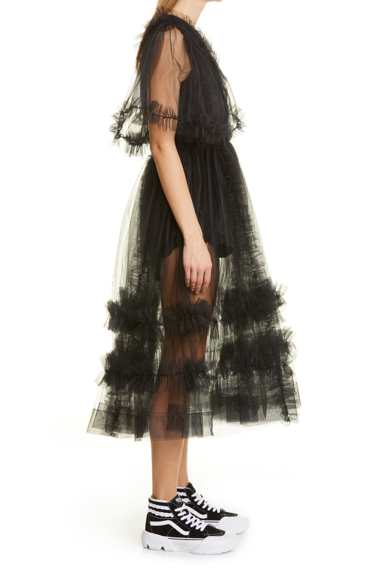 Women's Loon Ruffle Tulle Midi Dress, Alternate, color, BLACK