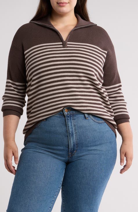 Stripe Waffle Knit Quarter Zip Sweater (Plus)