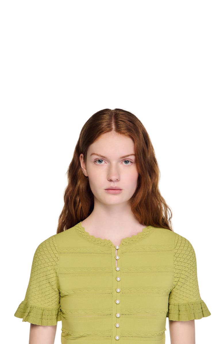 SANDRO Cropped ruffled-sleeve cardigan, Alternate, color, Green