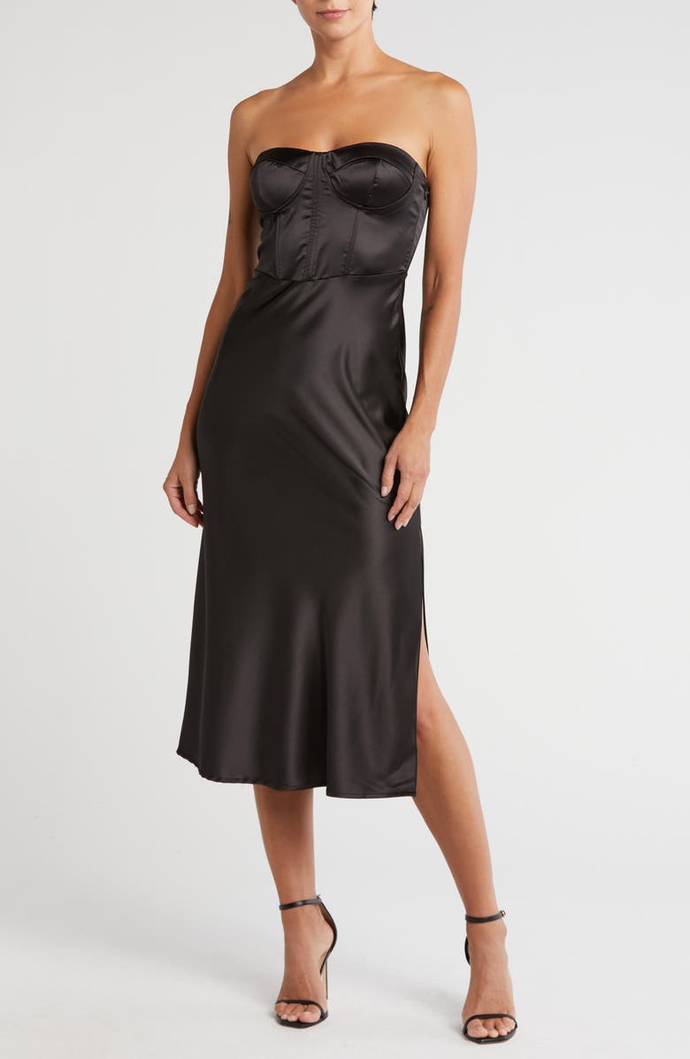 Know One Cares Strapless Satin Corset Midi Dress, Main, color,