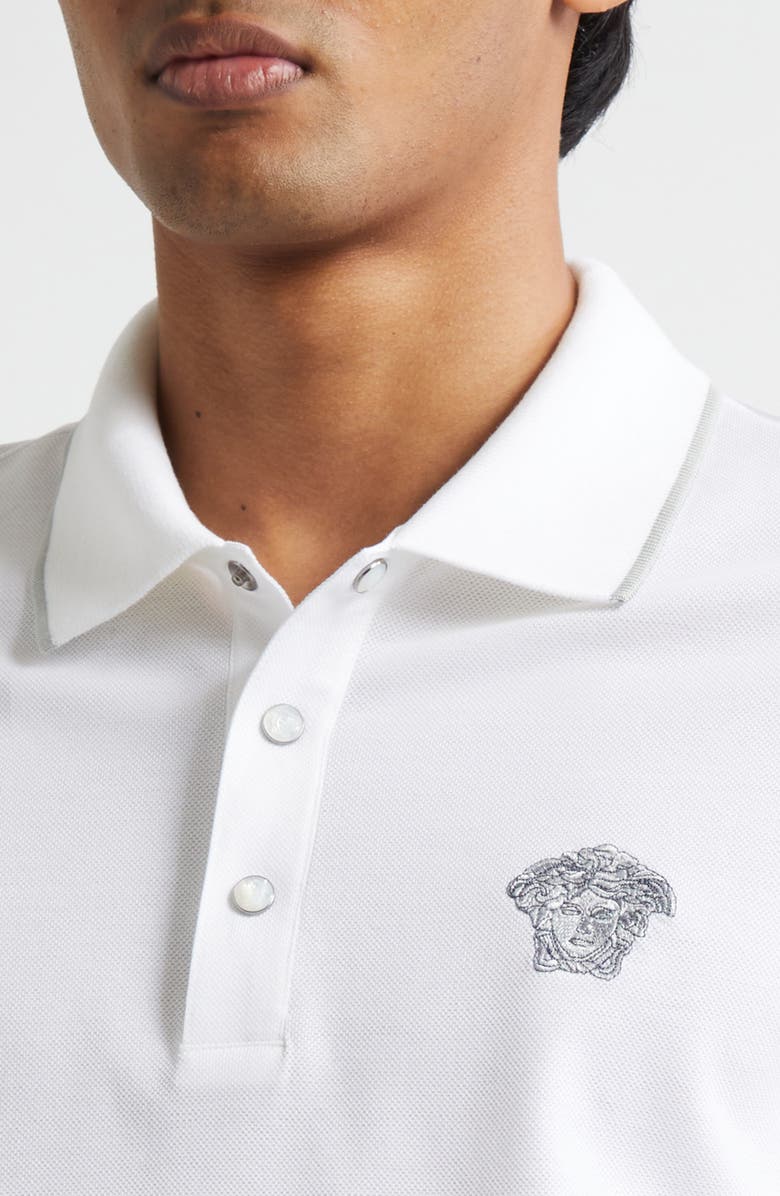 Versace Medusa Embroidered Cotton Piqué Polo, Alternate, color, Optical White