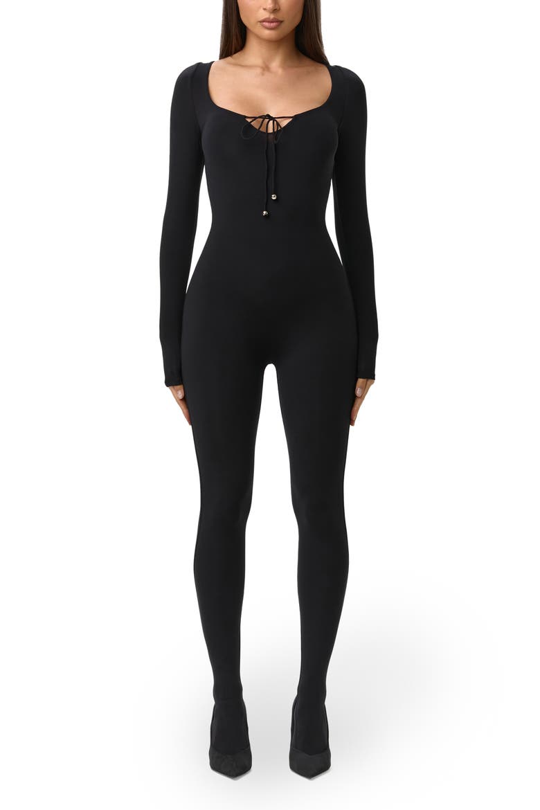 Tie Back Long Sleeve Jumpsuit, Main, color, BLACK