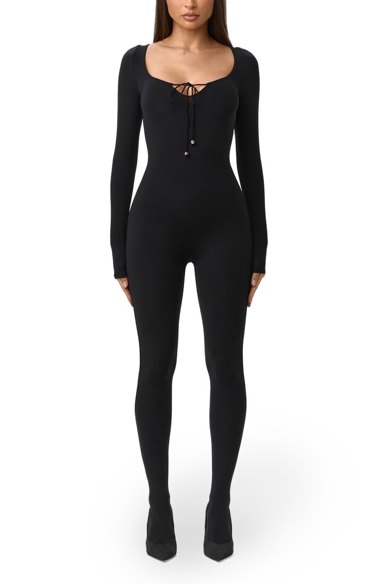 Naked Wardrobe Tie Back Long Sleeve Jumpsuit, Main, color, Black