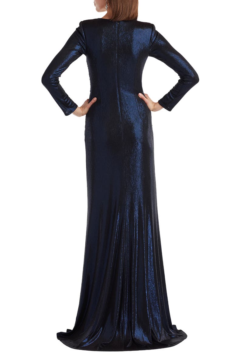 Tadashi Shoji Metallic Surplice V-Neck Long Sleeve Gown, Alternate, color, Royal Navy