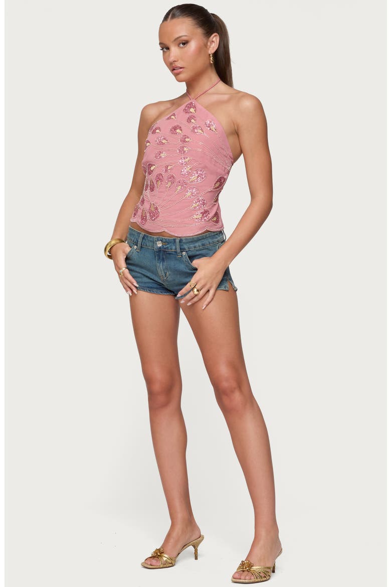Beaded Sequin Open Back Halter Top, Alternate, color, PINK