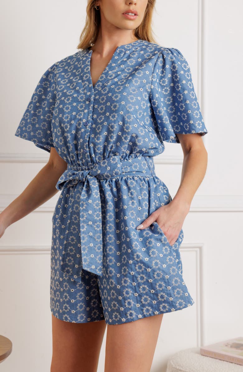 FLYING TOMATO Embroidered Romper, Alternate, color, Light Indigo