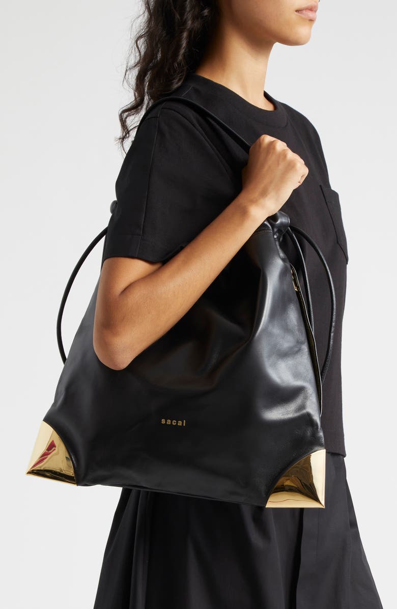 Sacai Corner Metal Leather Drawstring Bag, Alternate, color,