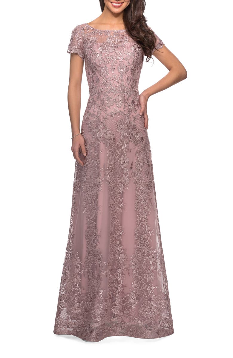 La Femme Long Lace Dress with Sheer Neckline and Cap Sleeves, Main, color, Mauve