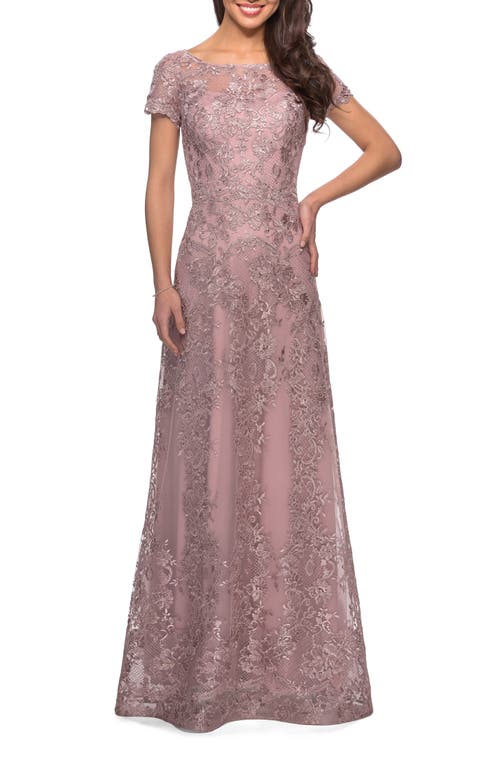 La Femme Long Lace Dress With Sheer Neckline And Cap Sleeves In Mauve
