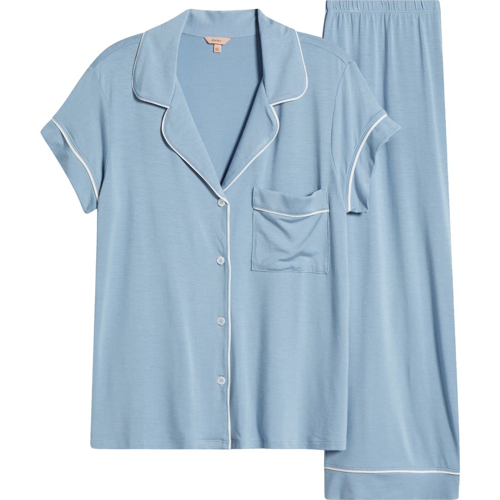 Eberjey Gisele Short Sleeve Crop Pajama Set In Faded Denim/ivory