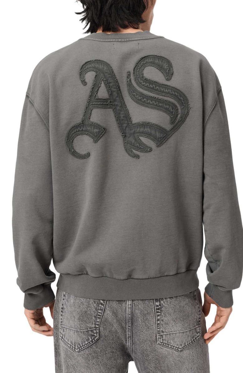 AllSaints Insignia Graphic Appliqué Cotton Sweatshirt, Alternate, color, Washed Black