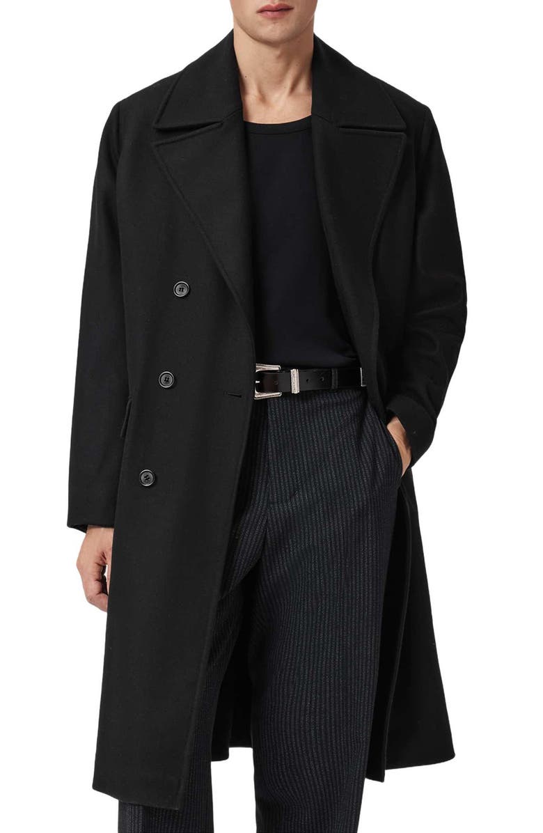 AllSaints Curran Double Breasted Wool Blend Topcoat, Main, color, Black