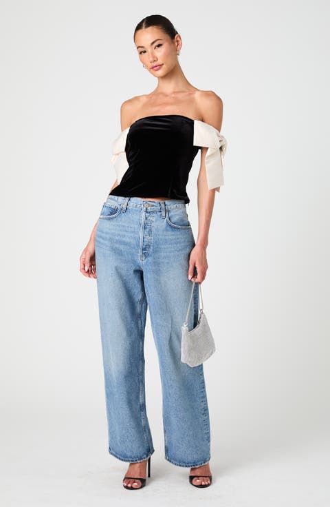 Carey Velvet Satin Bow Off-the-Shoulder Top