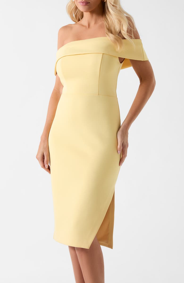 Marciano Andrea Off the Shoulder Scuba Dress, Alternate, color, Grated Lemon