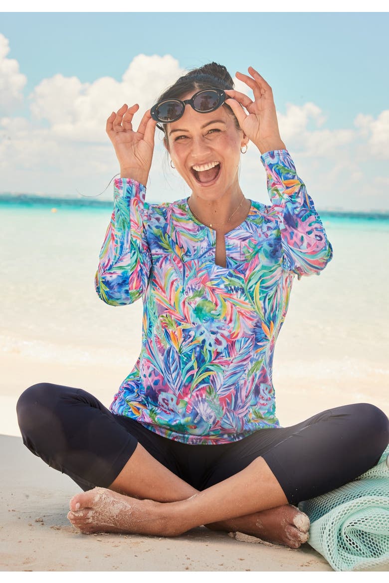 Split-Neck Long Sleeve Swim Tee With Built-In Bra, Alternate, color, NEON HIBISCUS
