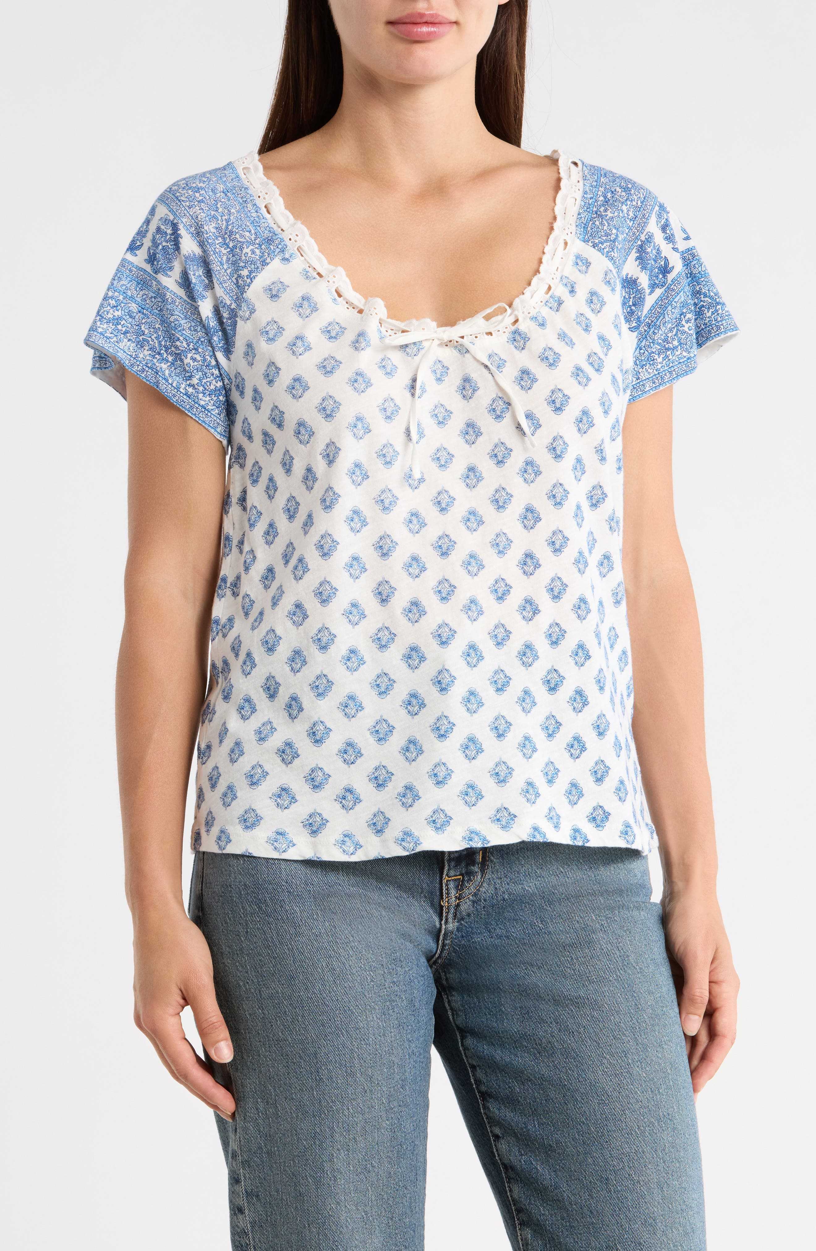Lucky Brand Tie V-Neck Short Sleeve Top