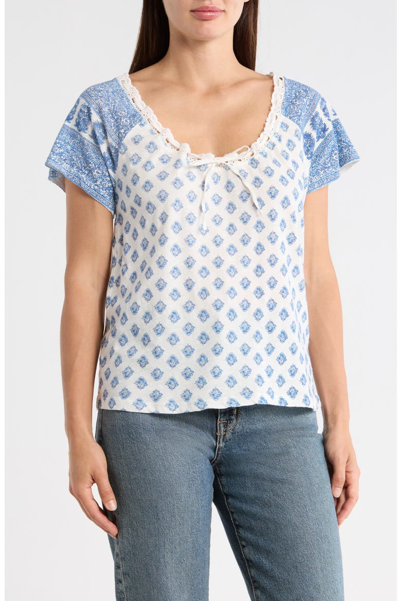 Tie V-Neck Short Sleeve Top, Main, color, BLUE COMBO