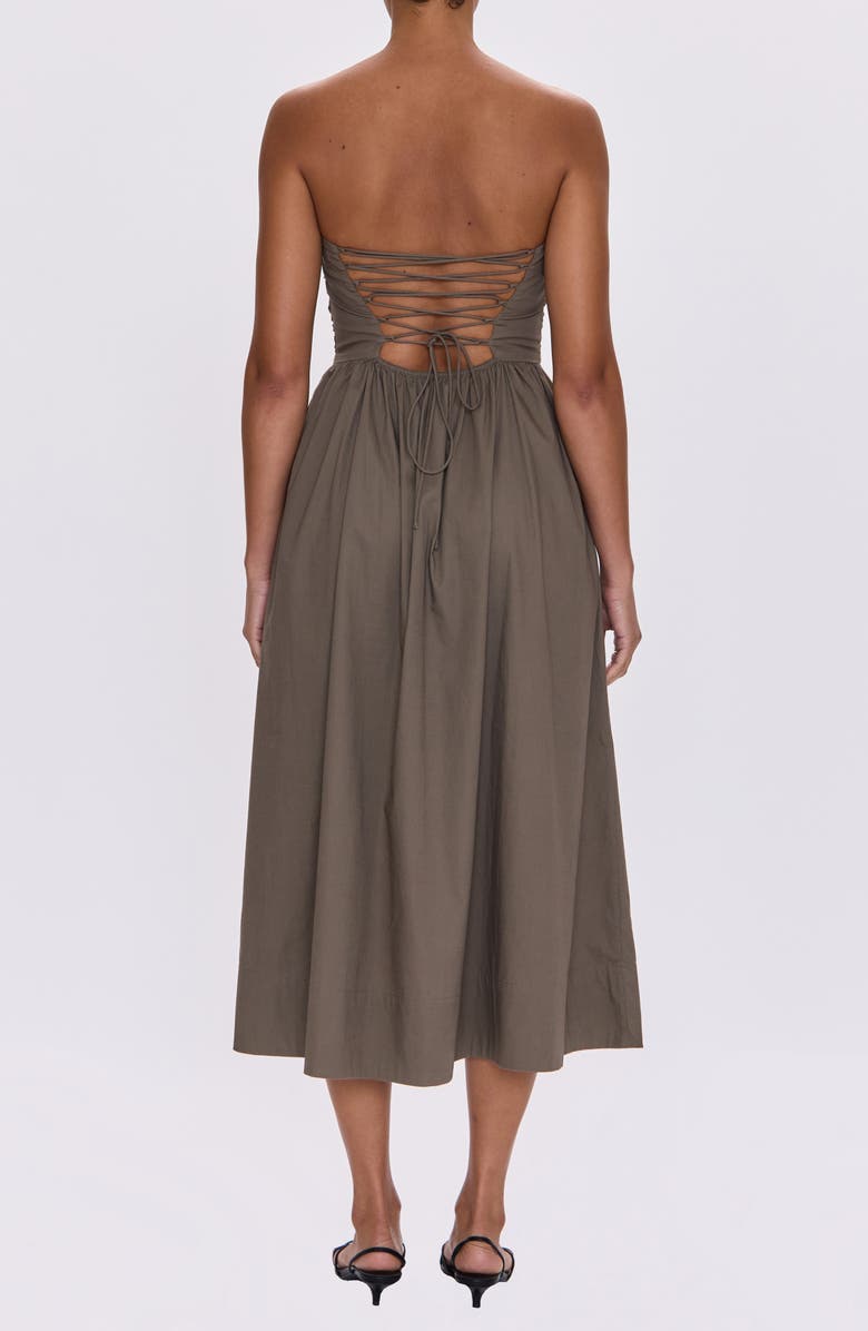 Pistola Florence Strapless Lace-Up Back Stretch Cotton Midi Dress, Alternate, color, Driftwood
