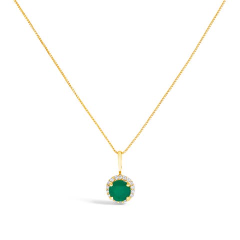 10K Gold Gemstone and 1/10 Cttw Diamond Accent Halo Pendant Necklace