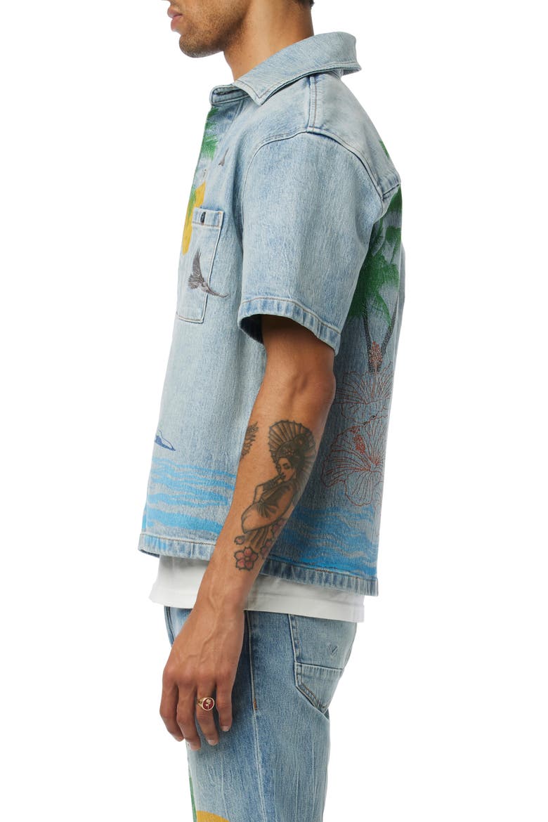 Cotton Denim Graphic Camp Shirt, Alternate, color, INDIGO PALM