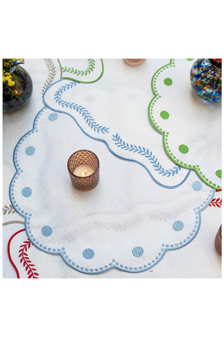 Tessuti Set of 4 Round White Linen Placemats with Blue Dot Embroidery, Alternate, color, BLUE