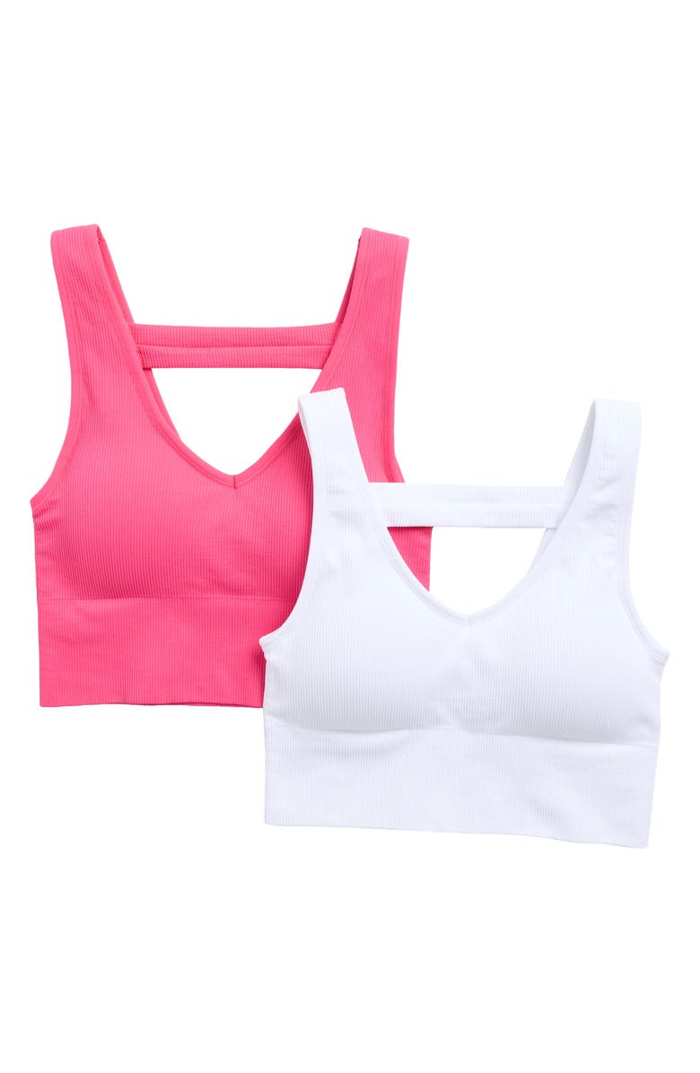 90 DEGREE BY REFLEX Bianca 2-Pack V-Neck Rib Seamless Bralettes, Main, color, Raspberry Sorbet-White
