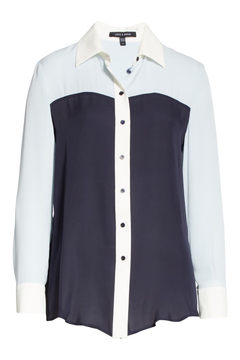 Lia Silk Button-Up Blouse, Alternate, color, NAVY COMBO