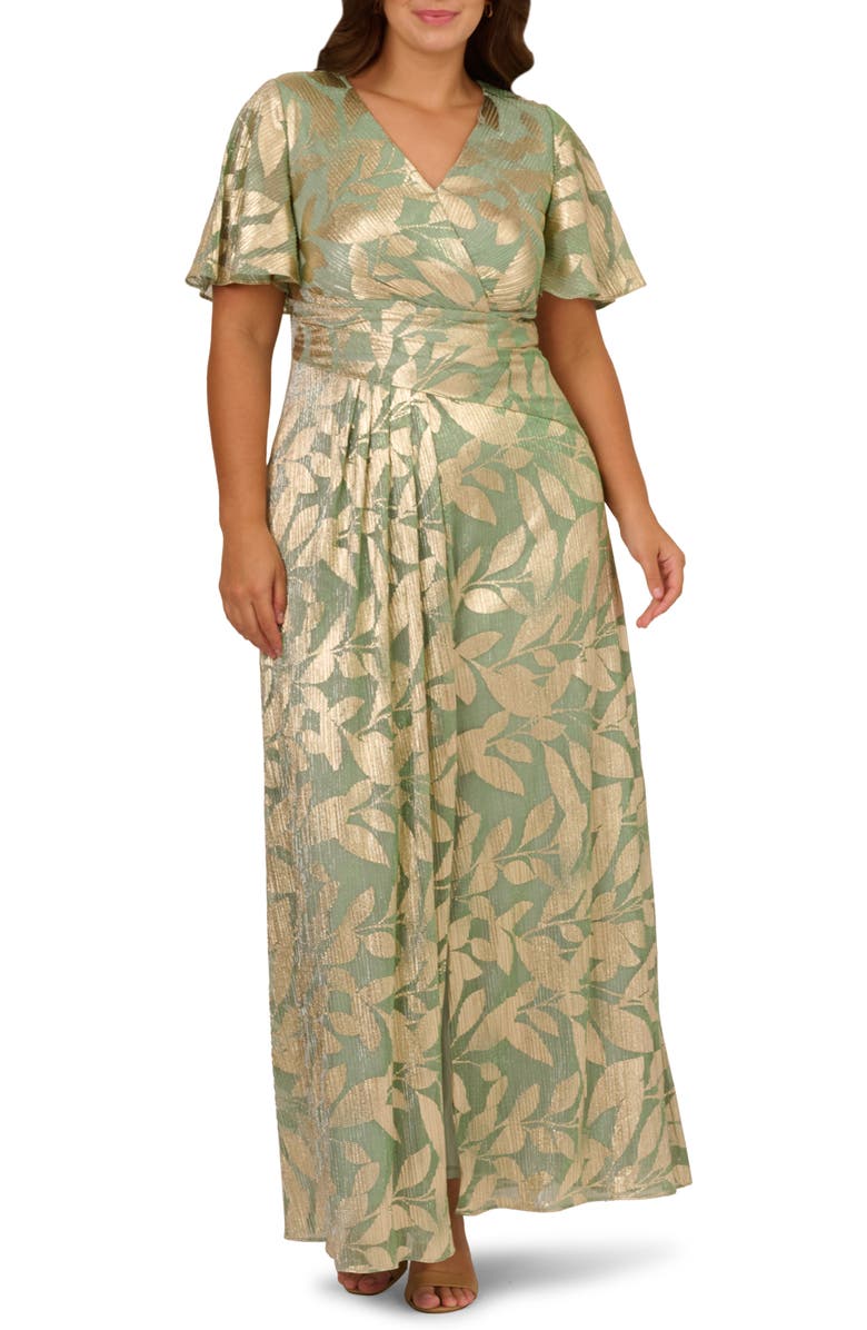 Adrianna Papell Metallic Leaf Jacquard Draped Gown, Main, color, Sage/ Gold