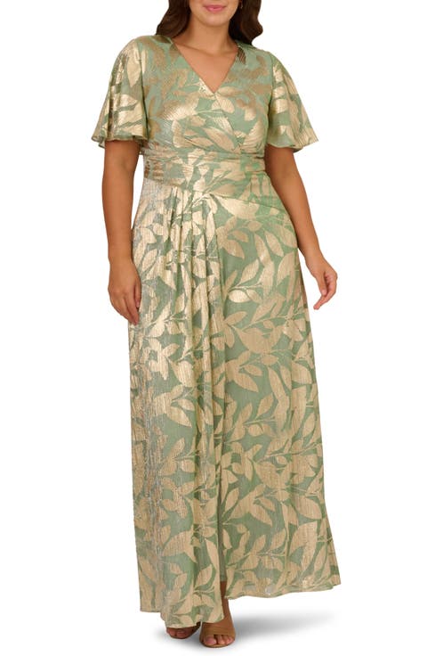 Metallic Leaf Jacquard Draped Gown (Plus)