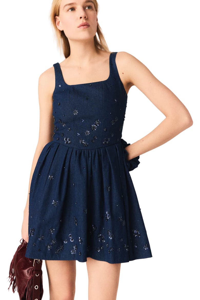 Flared embroidered denim dress, Alternate, color, Navy