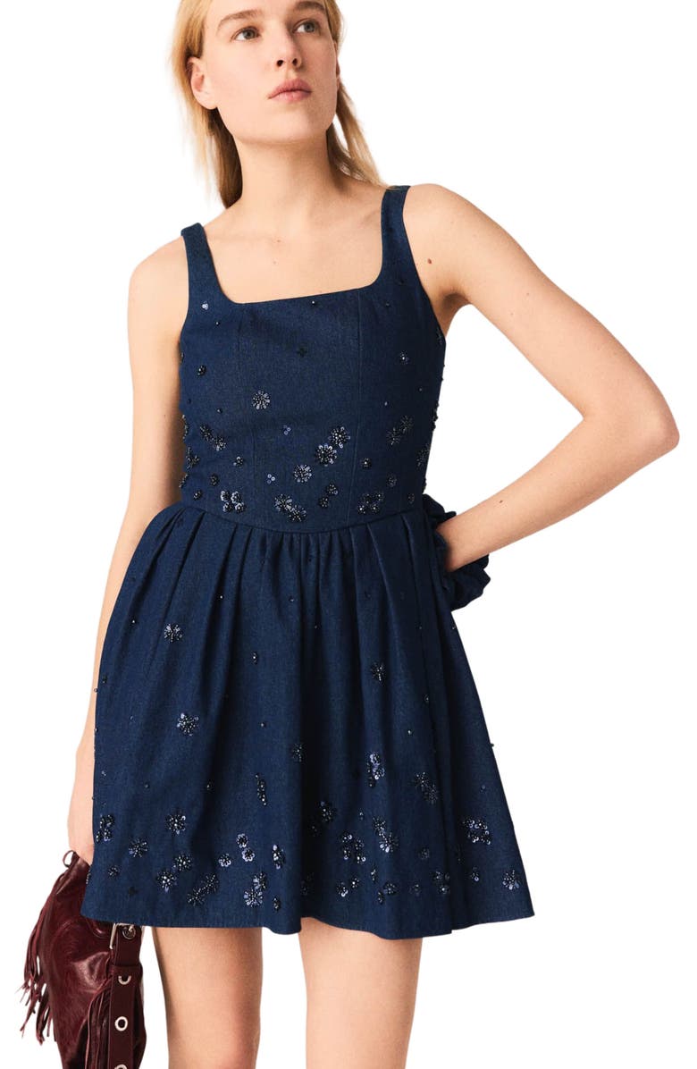maje Flared embroidered denim dress, Alternate, color, Navy