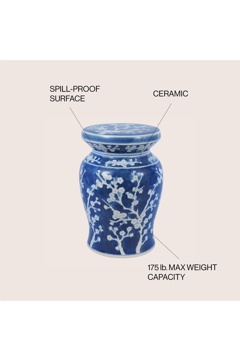 Cherry Blossom Classic Ceramic Garden Stool, Indoor Outdoor Chinoiserie Patio Side Table and Plant Stand, Alternate, color, Blue/White