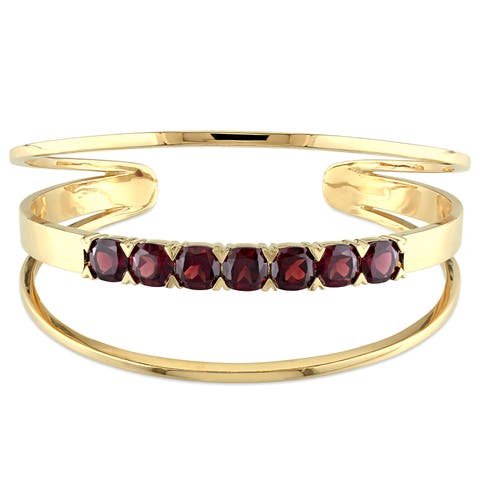 Garnet Cuff Bangle Bracelet 18k Gold Plated Silver