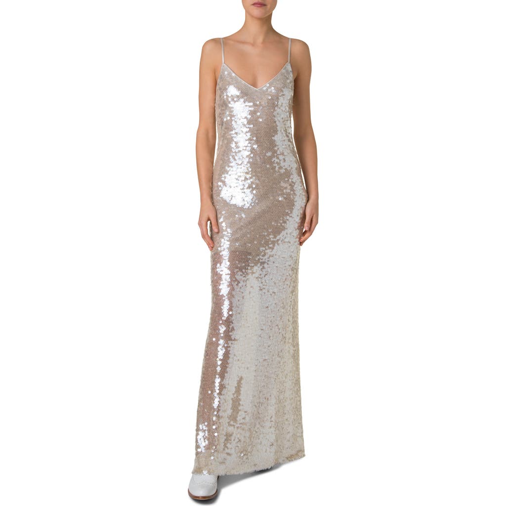 Akris Sleeveless Sequin Gown In Greige