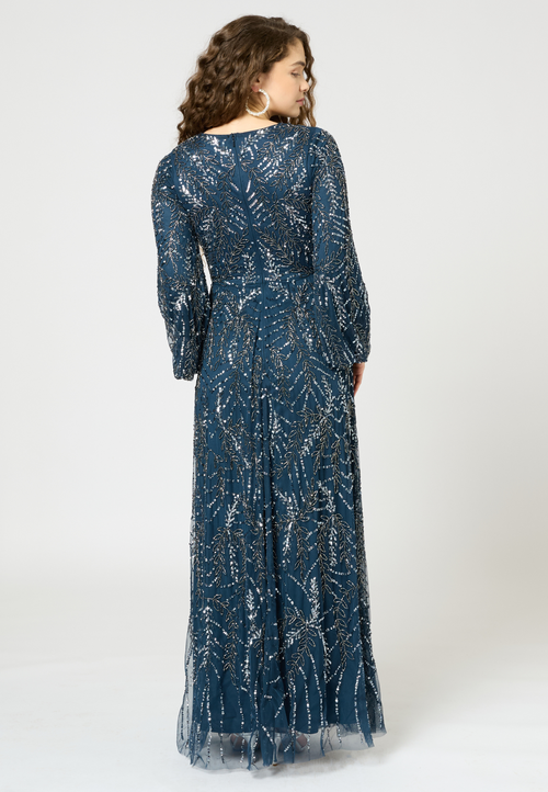 Shop Maryisa Occasion Modest Embellished Sequin Beaded Floral Long Sleeves Evening Maxi Dress In Navy
